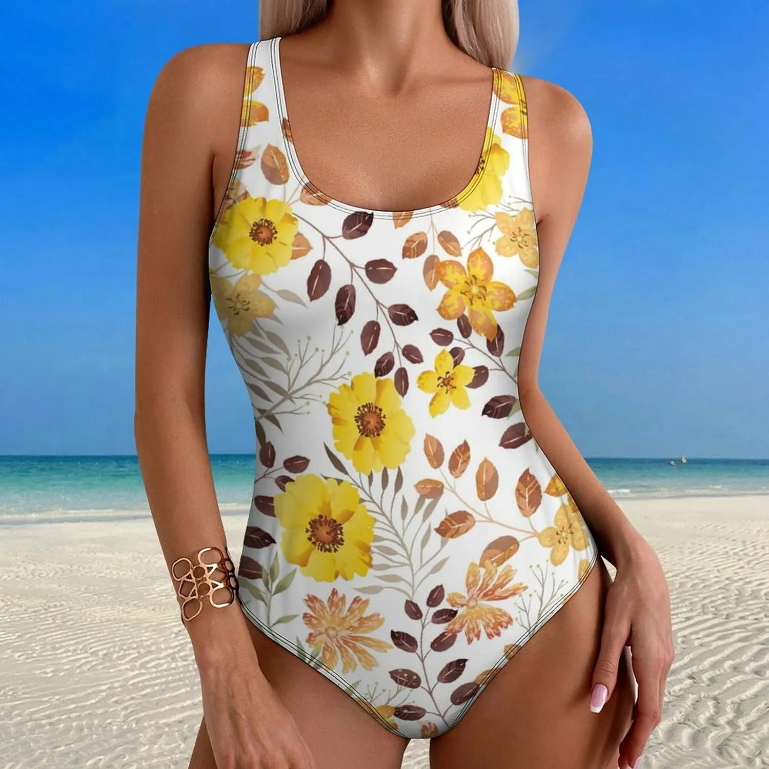 Yellow Floral Women's One Piece Swimsuits Strappy Scoop Neck Modern Tummy Control Swimsuits
