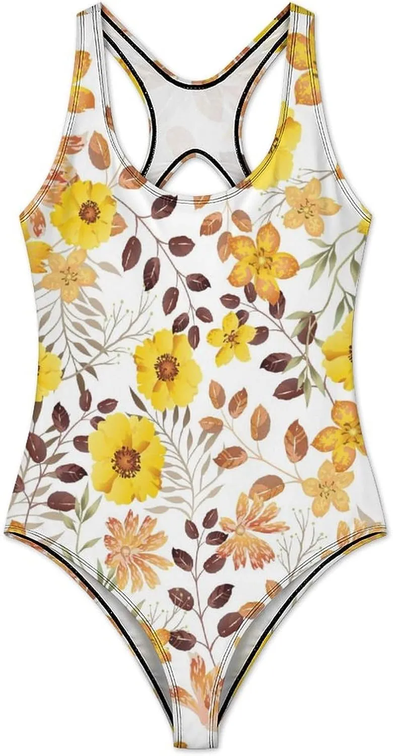 Yellow Floral Women's One Piece Swimsuits Strappy Scoop Neck Modern Tummy Control Swimsuits