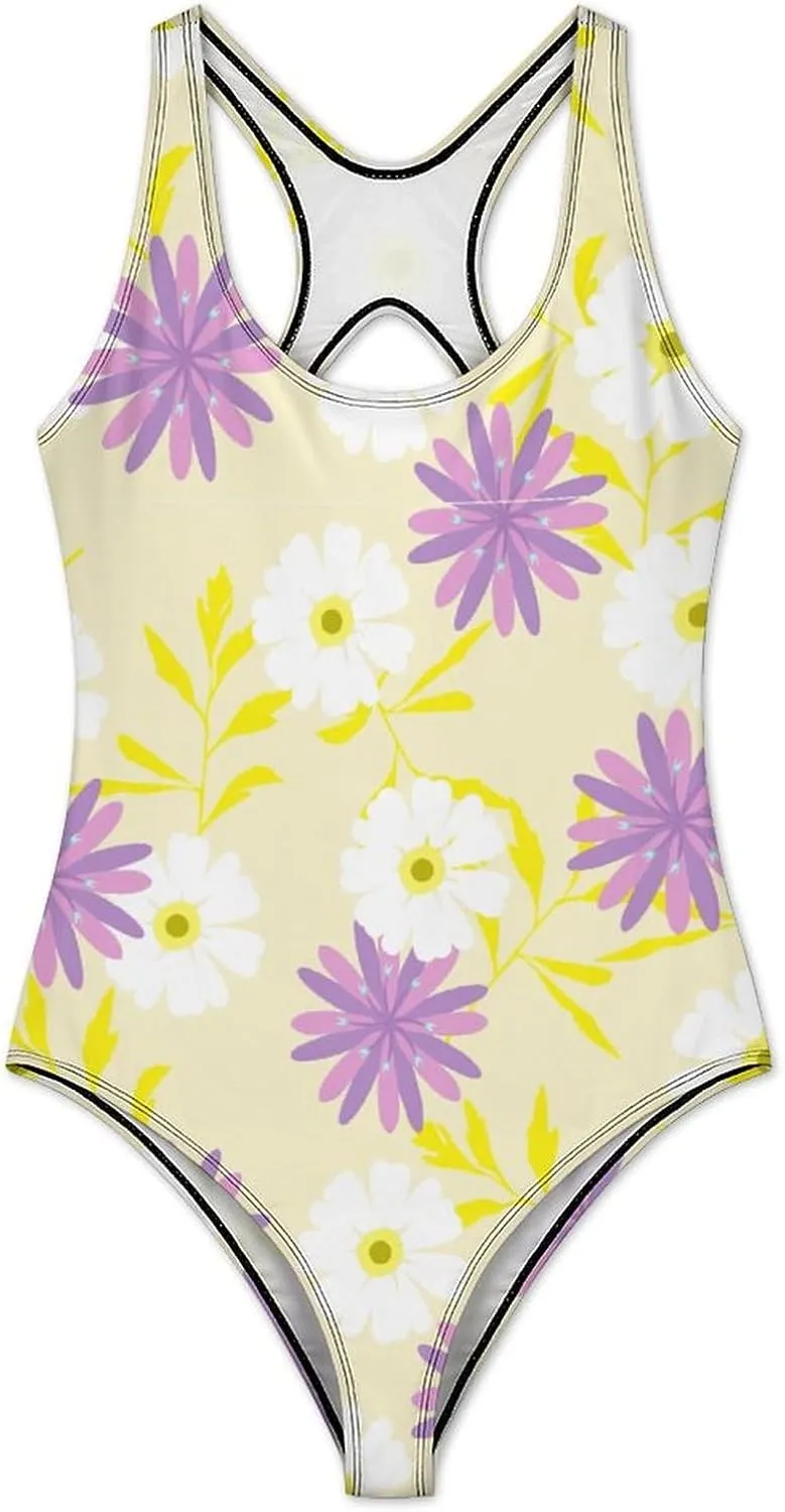 Yellow Florals Women One Piece Swimsuits Criss Cross Back Scoop Neck Funny Tummy Control Swimsuit