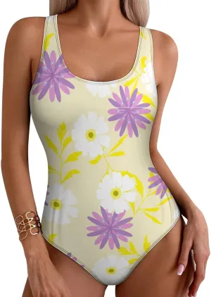 Yellow Florals Women One Piece Swimsuits Criss Cross Back Scoop Neck Funny Tummy Control Swimsuit
