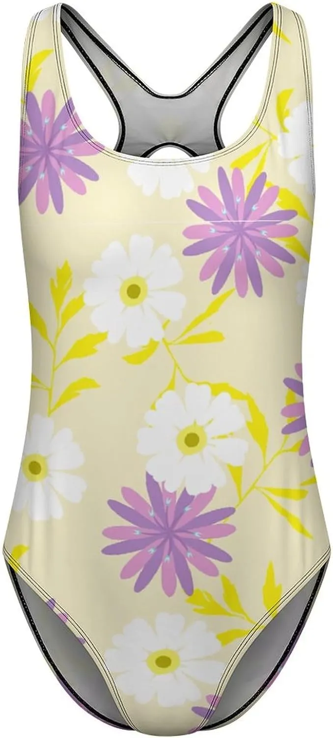 Yellow Florals Women One Piece Swimsuits Criss Cross Back Scoop Neck Funny Tummy Control Swimsuit