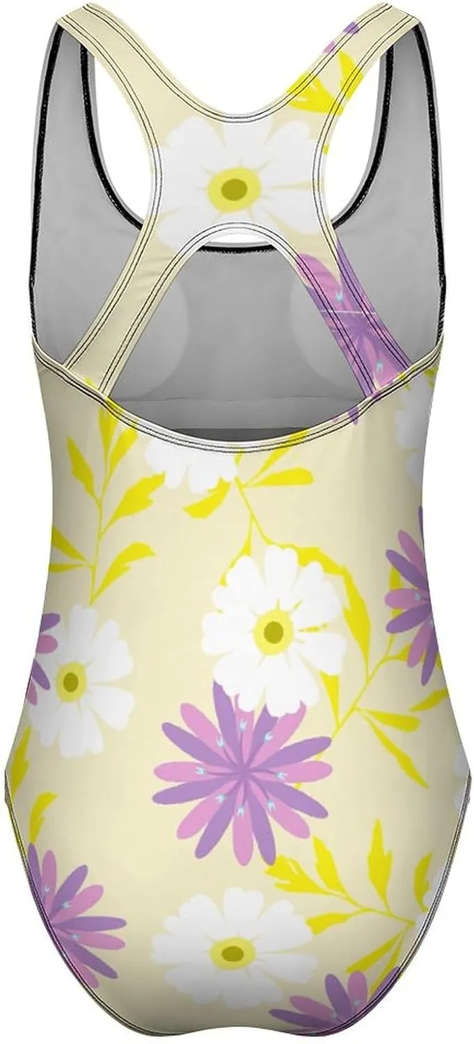 Yellow Florals Women One Piece Swimsuits Criss Cross Back Scoop Neck Funny Tummy Control Swimsuit
