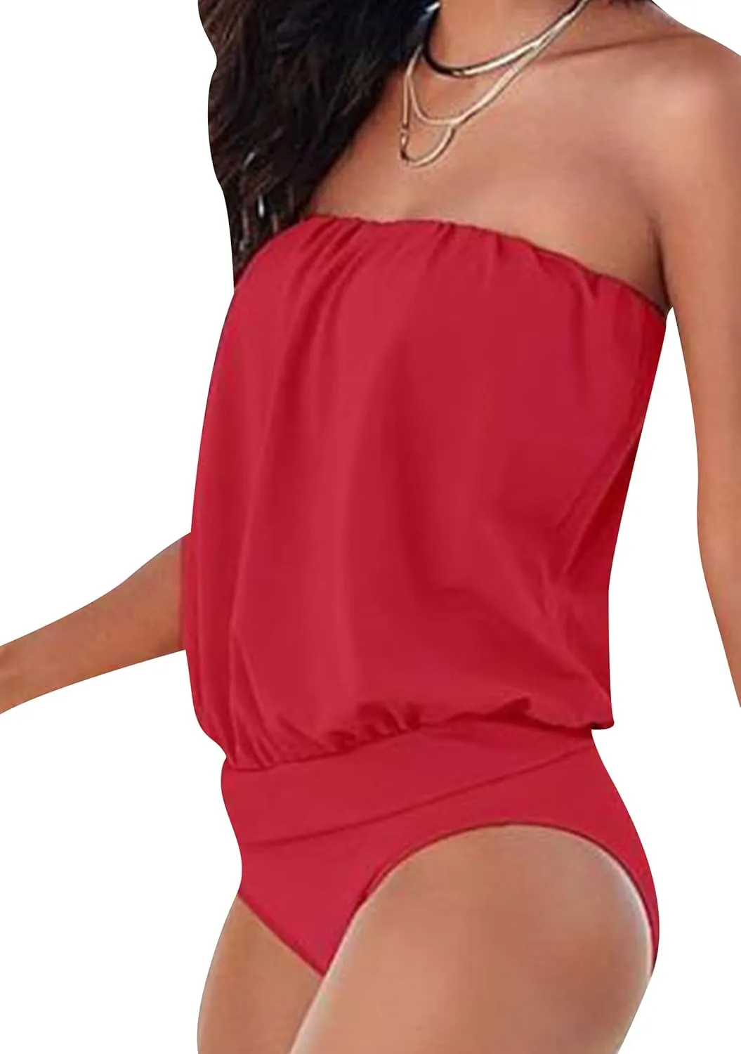 YMING Womens Strapless Bandeau One Piece Swimsuits Solid Color Tube Swimwear Sexy Shirring Monokini