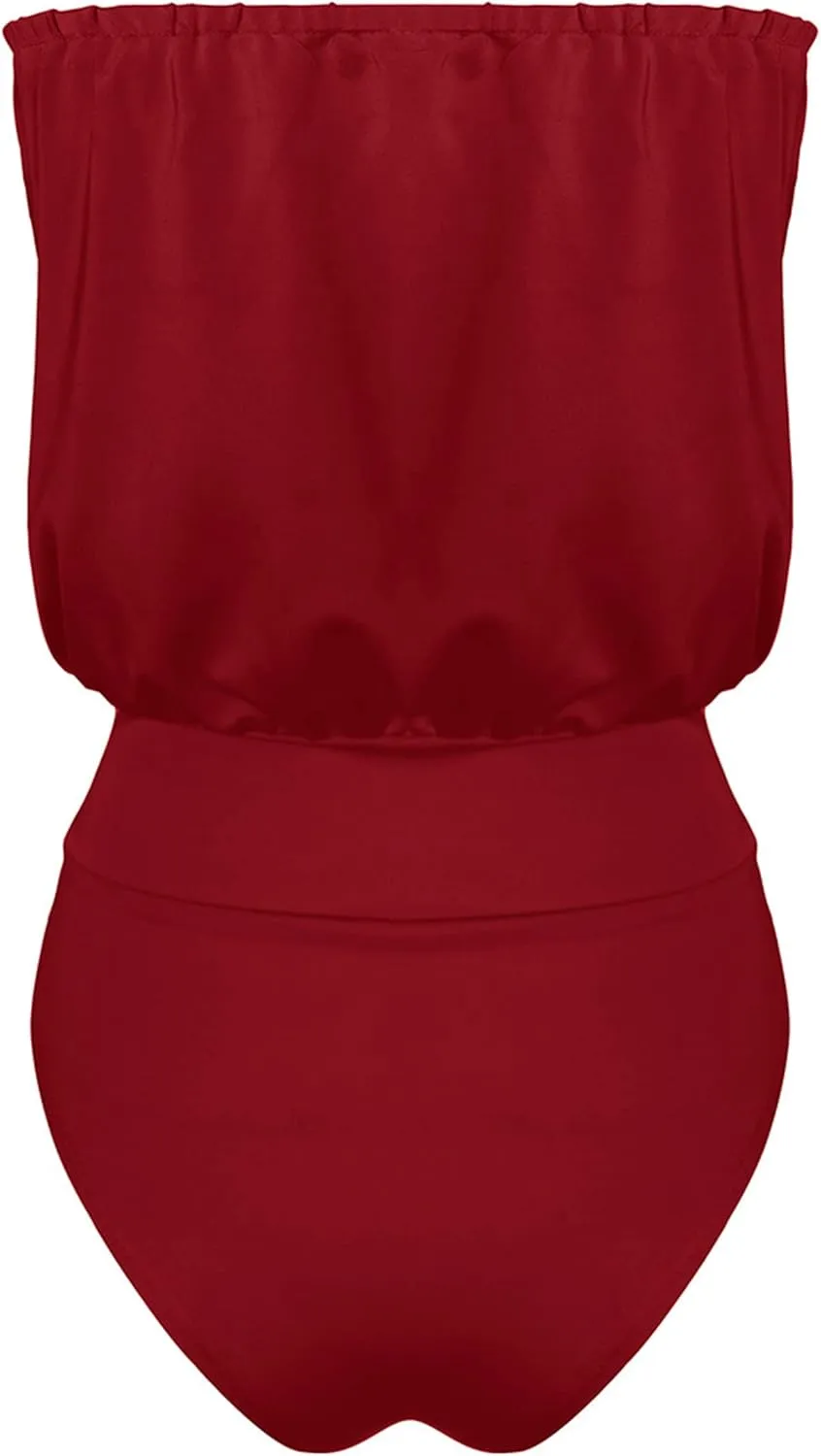 YMING Womens Strapless Bandeau One Piece Swimsuits Solid Color Tube Swimwear Sexy Shirring Monokini