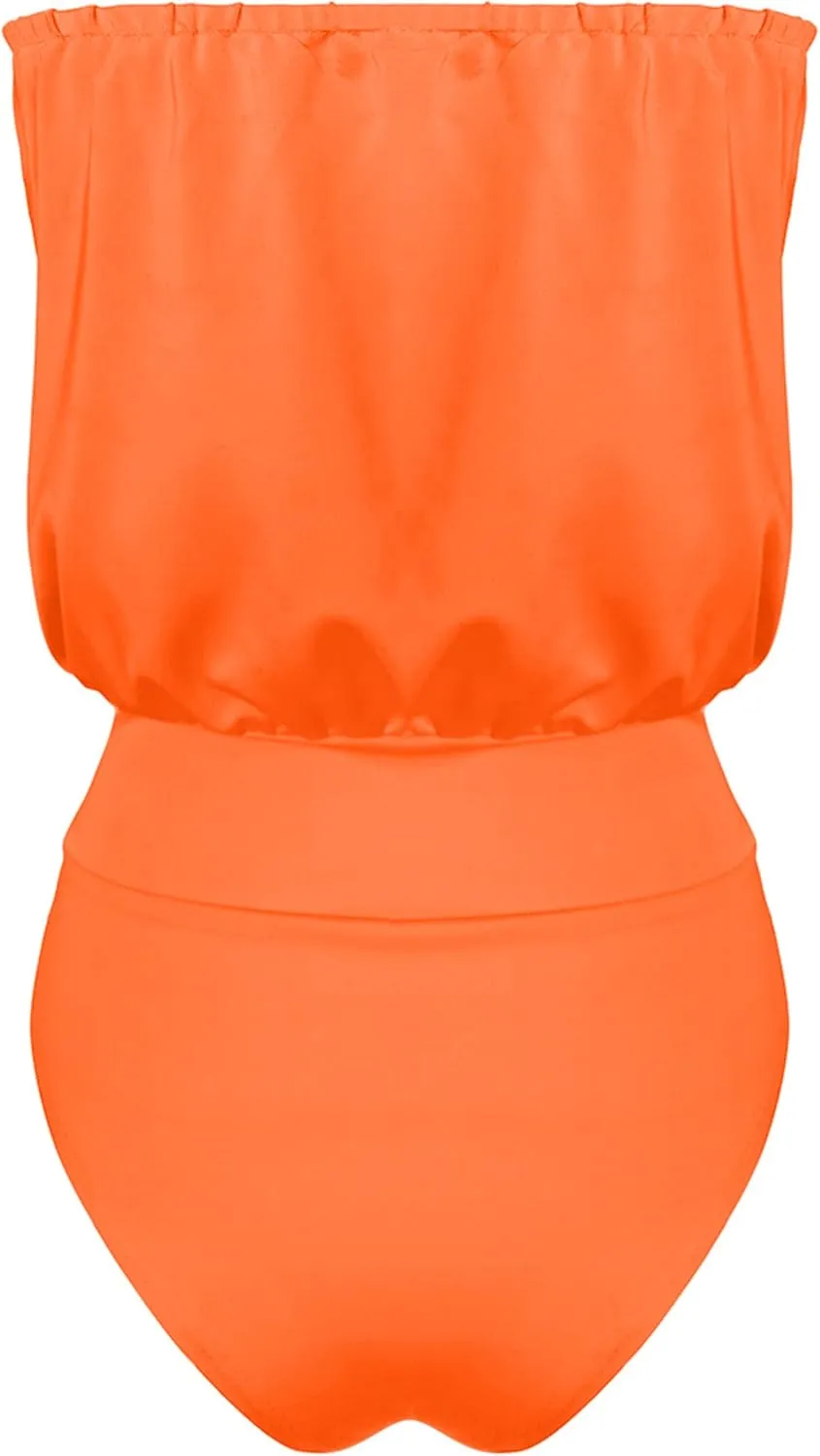 YMING Womens Strapless Bandeau One Piece Swimsuits Solid Color Tube Swimwear Sexy Shirring Monokini