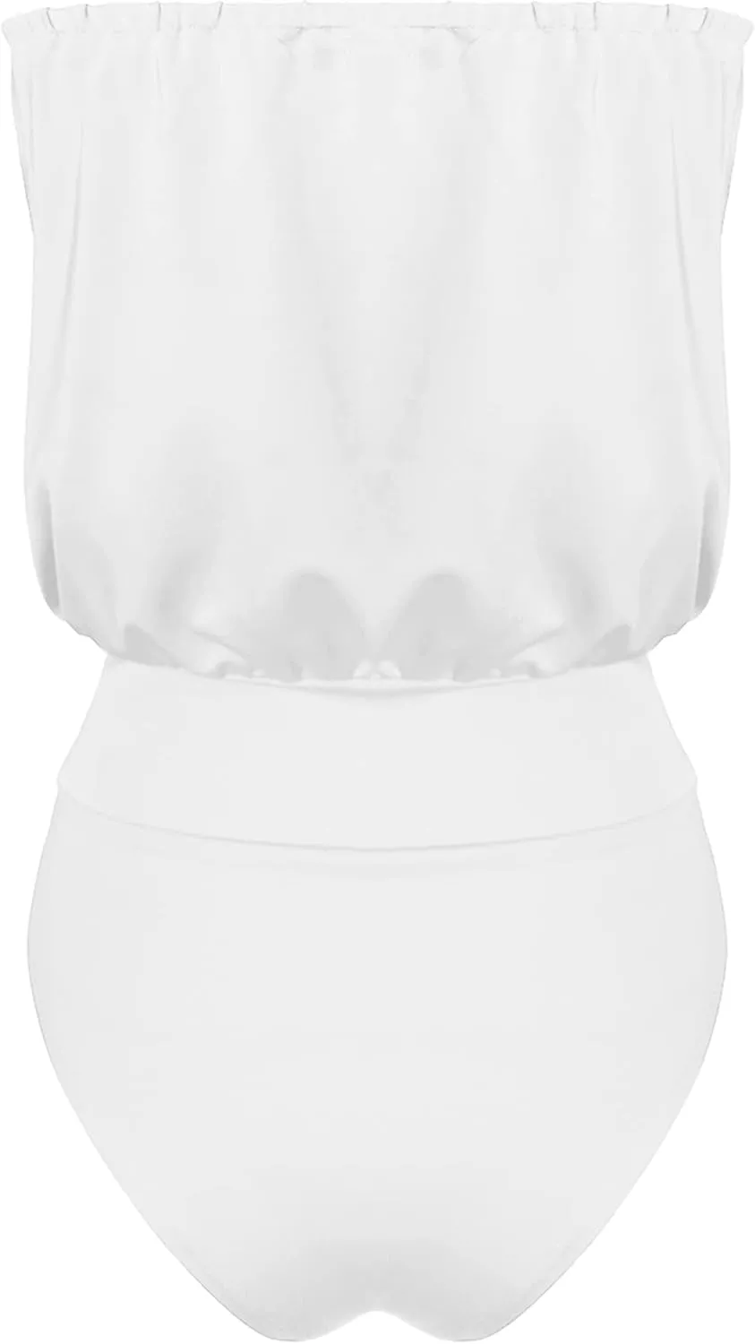 YMING Womens Strapless Bandeau One Piece Swimsuits Solid Color Tube Swimwear Sexy Shirring Monokini