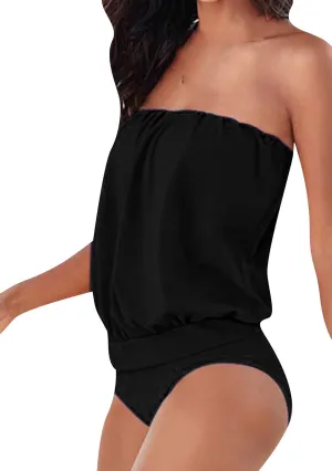 YMING Womens Strapless Bandeau One Piece Swimsuits Solid Color Tube Swimwear Sexy Shirring Monokini