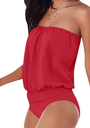 YMING Womens Strapless Bandeau One Piece Swimsuits Solid Color Tube Swimwear Sexy Shirring Monokini