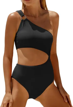 Yonique Women One Piece One Shoulder Swimsuit Mesh Bathing Suit Tummy Control Swimwear