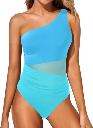 Yonique Women One Piece One Shoulder Swimsuit Mesh Bathing Suit Tummy Control Swimwear