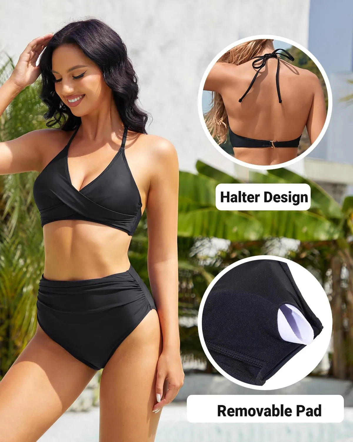 Yonique Women Two Piece High Waisted Bikini Set Halter Swimsuit Twist Front Bathing Suit with Tummy Control Bottoms