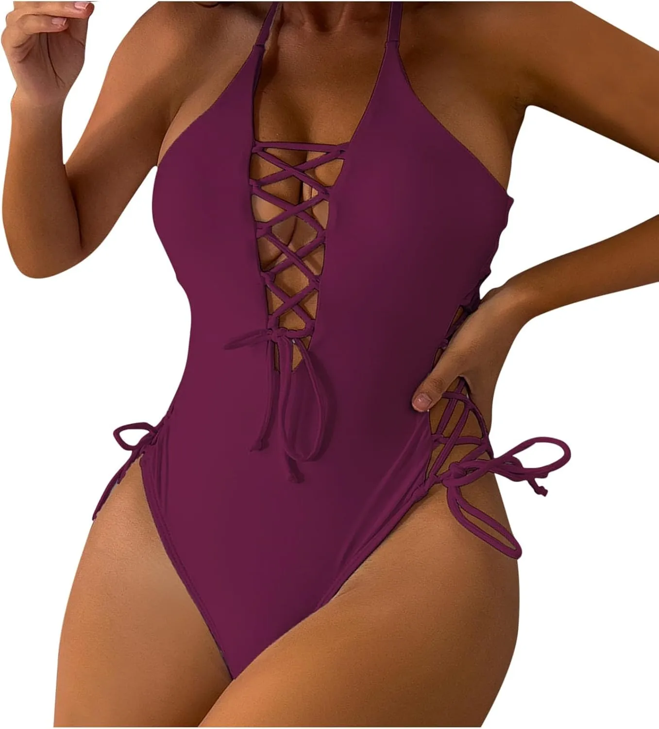 YRAETENM Sexy One Piece Swimsuit for Women Lace up Deep V Neck High Cut Bathing Suits Solid Backless Tummy Control Swimwear