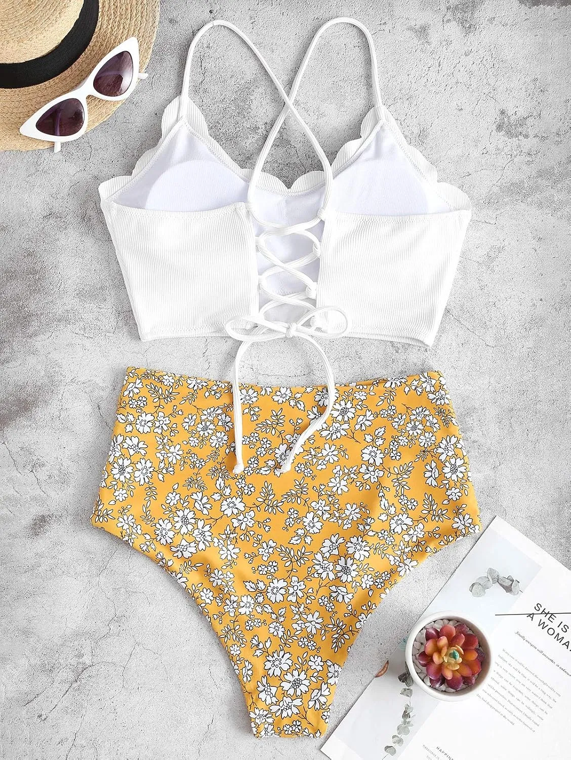 ZAFUL Scalloped Swimsuits for Women High Waisted Bikini Sets Padded Tummy Control 2 Piece Swimwears