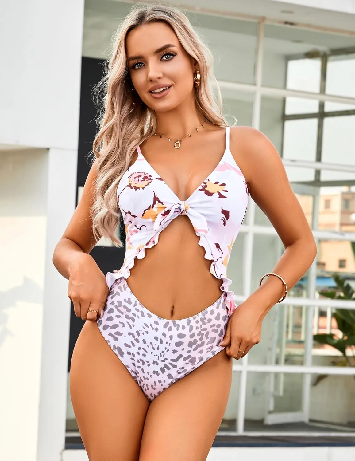 ZAFUL Women's One Piece Swimsuit Ribbed Open Back Bathing Suit Tummy Control Scoop Neck Adjustable Straps High Cut Swimwear