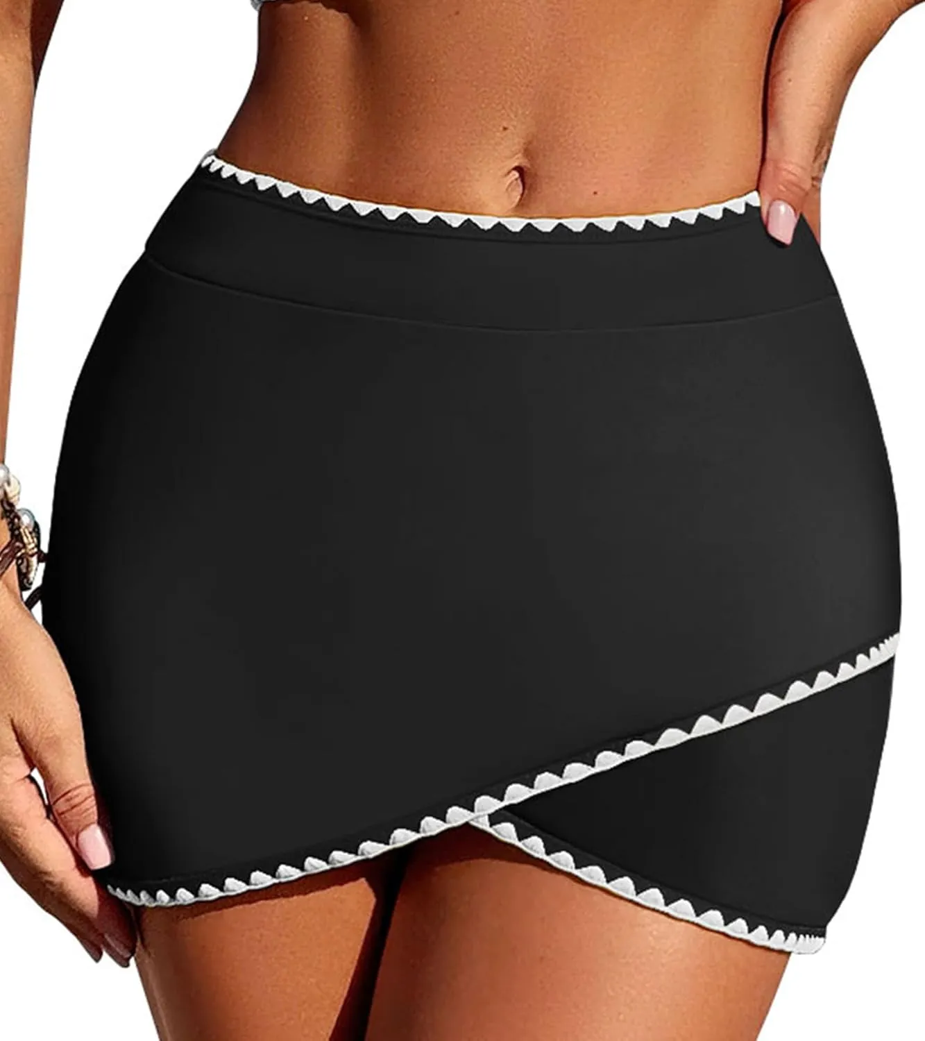 ZAFUL Women's Swim Skirt High Waisted Whip Stitch Bikini Bottoms Tummy Control Bathing Suit Bottom