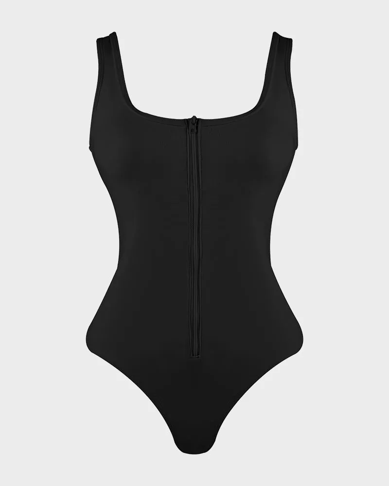 Zip Front Tank Thong Back One-Piece Swimsuit
