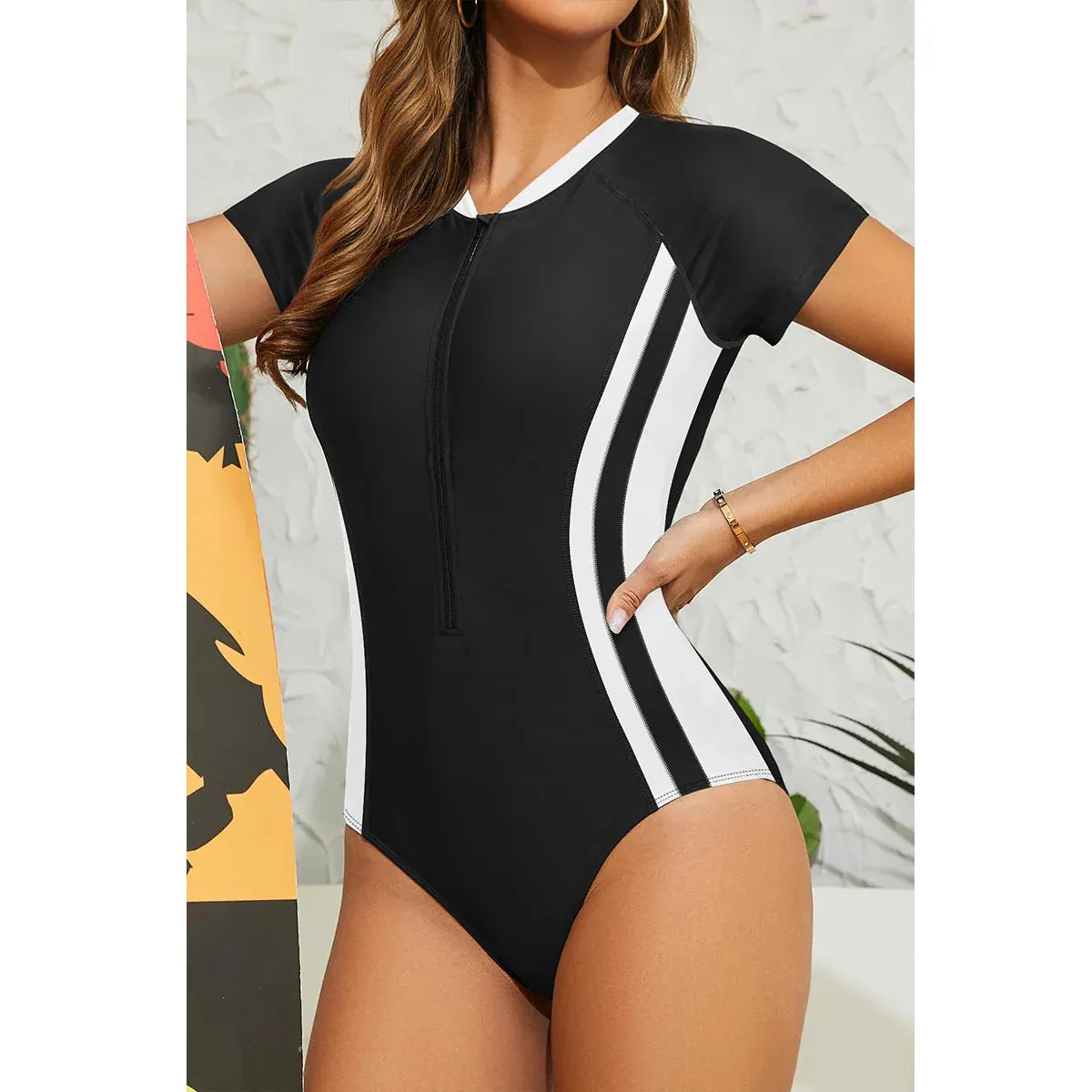 Zipper Short Sleeve surfing One Piece Swimsuit