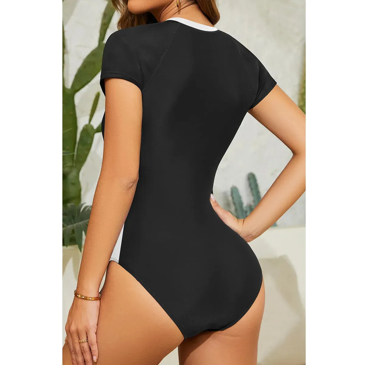 Zipper Short Sleeve surfing One Piece Swimsuit